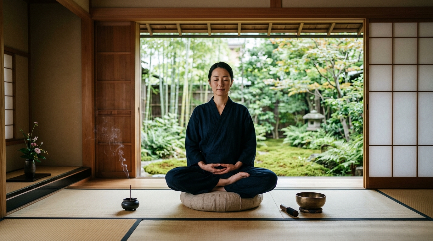 京都の寺院で静かに座禅・瞑想を行う日本人実践者とチベット青銅シンギングボウル